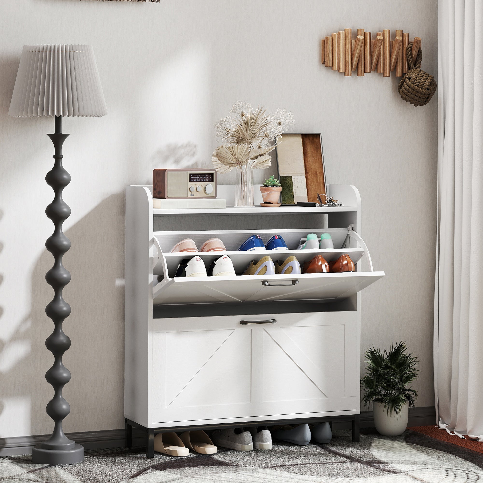 Shoe Cabinet Organizer with 2 Flip Drawers, Legs, Narrow Shoe Storage Cabinet for Entryway, Hallway, White