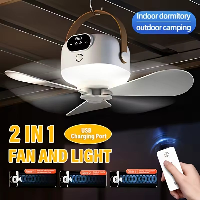 Rechargeable LED Smart Ceiling Fan Light with Remote Control 3-speed Wind Speed Portable Hanging Camping Environment Ceiling Fan