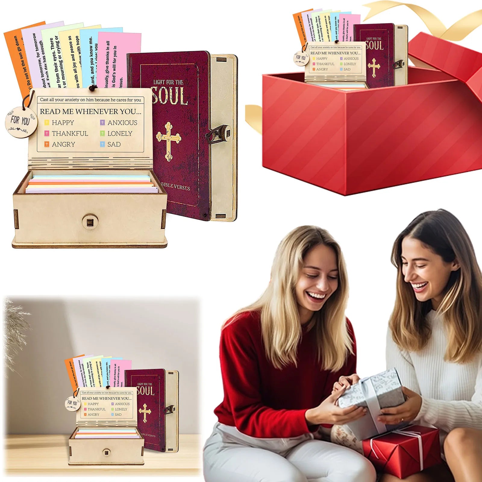 Wooden Scripture Box with 150 Inspirational Bible Verses | Portable Christian Gift Box for Prayer & Meditation