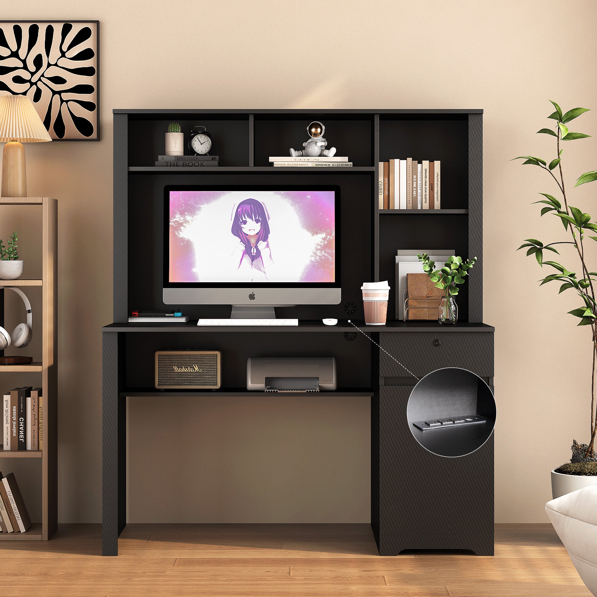 Computer Desk With Hutch & Bookshelf,Wood Executive Desk Teens Student Desk Writing Laptop Home Office Desk With Drawers,3 AC Outlets And 2 USB Charging Ports,Study Laptop Table For Home