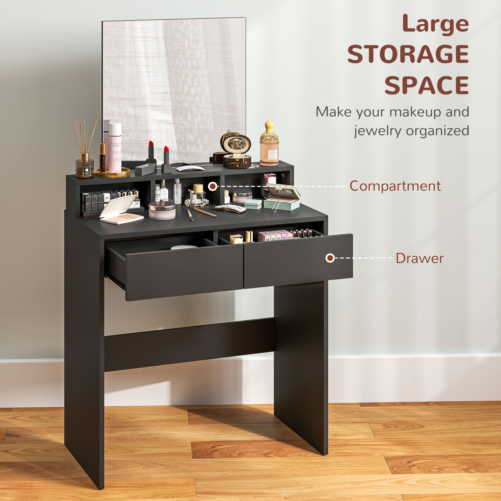 Multi-Storage Dressing Table, With Mirror - Black