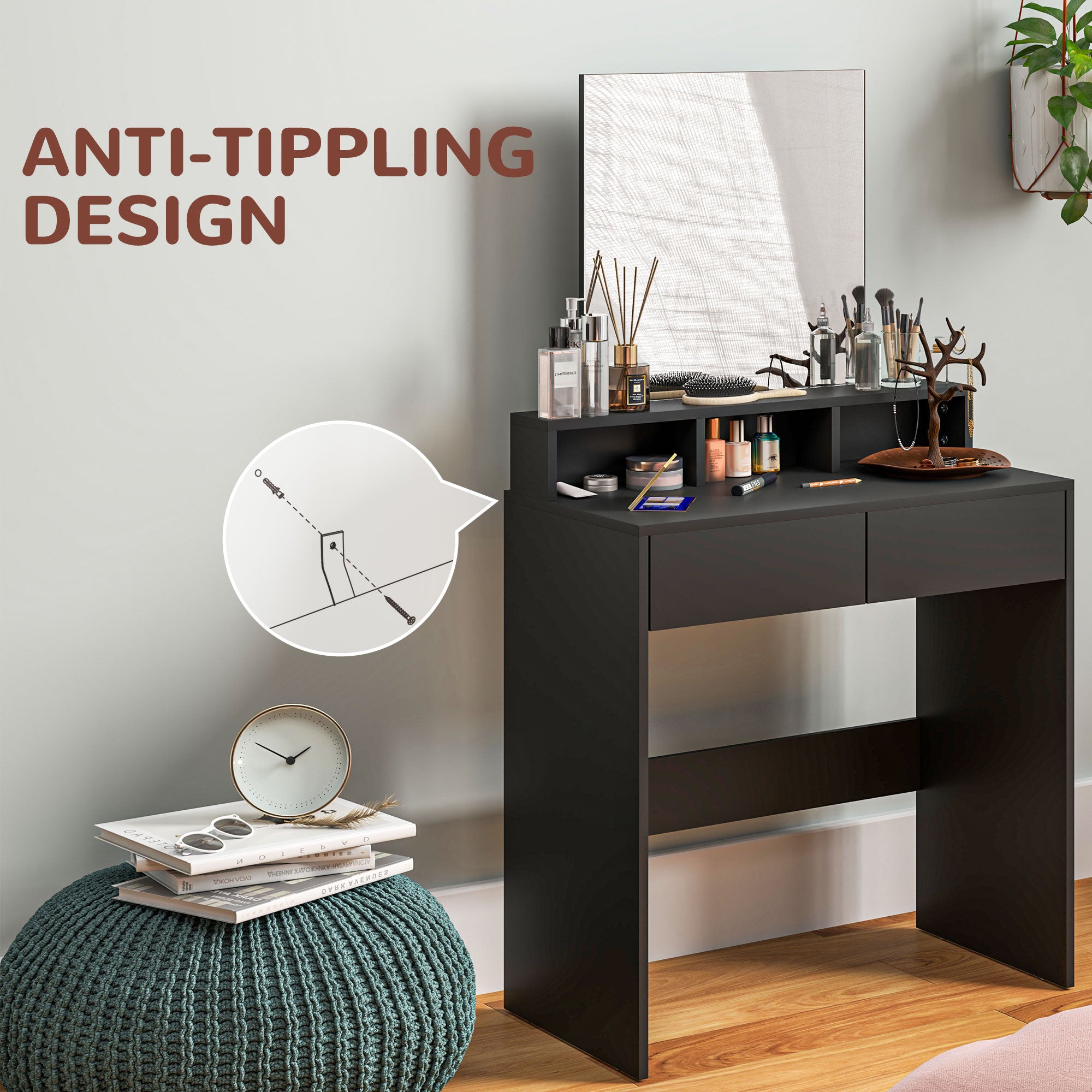 Multi-Storage Dressing Table, With Mirror - Black