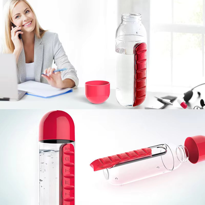 2-in-1 Water Bottle with Pill Organizer | 600ml Sports Bottle with 7-Day Medicine Box – Travel & Daily Use