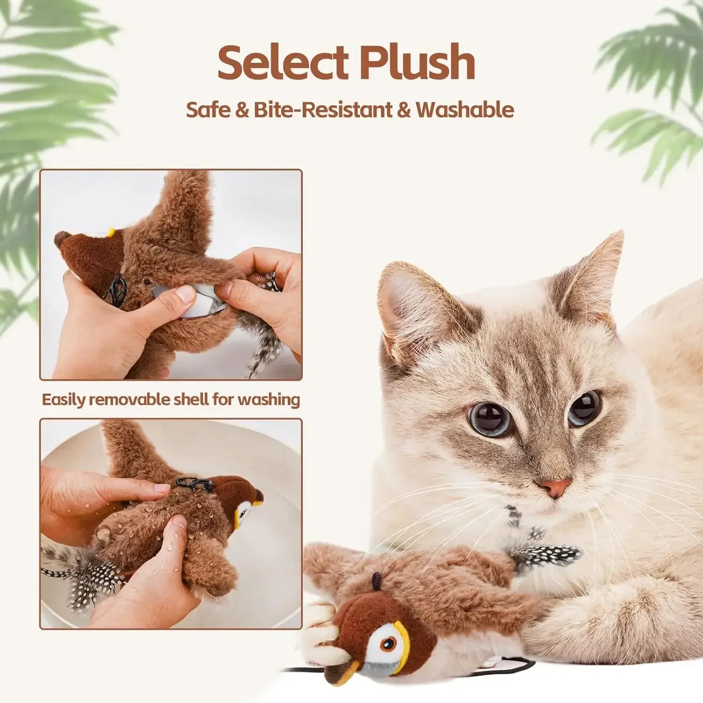 Flying Bird Cat Toy Interactive Cat Toys Rechargeable Chirping Flapping Bird(no Flying) Can Add Catnip Touch Activated Plush Toy