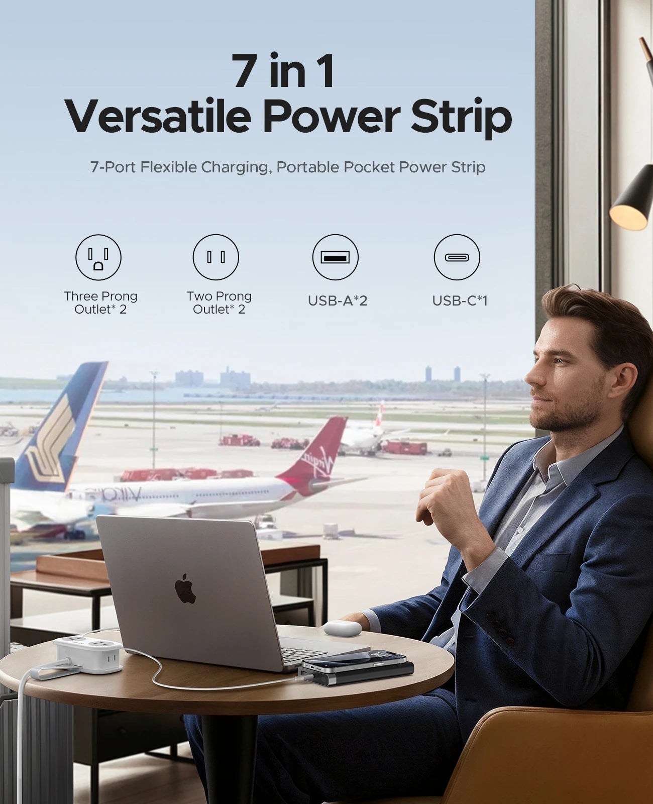 Power Strip with 4 AC Outlets, 2 USB & 1 Type-C Port | Fast Charging Extension Cord with Surge Protection – US Plug