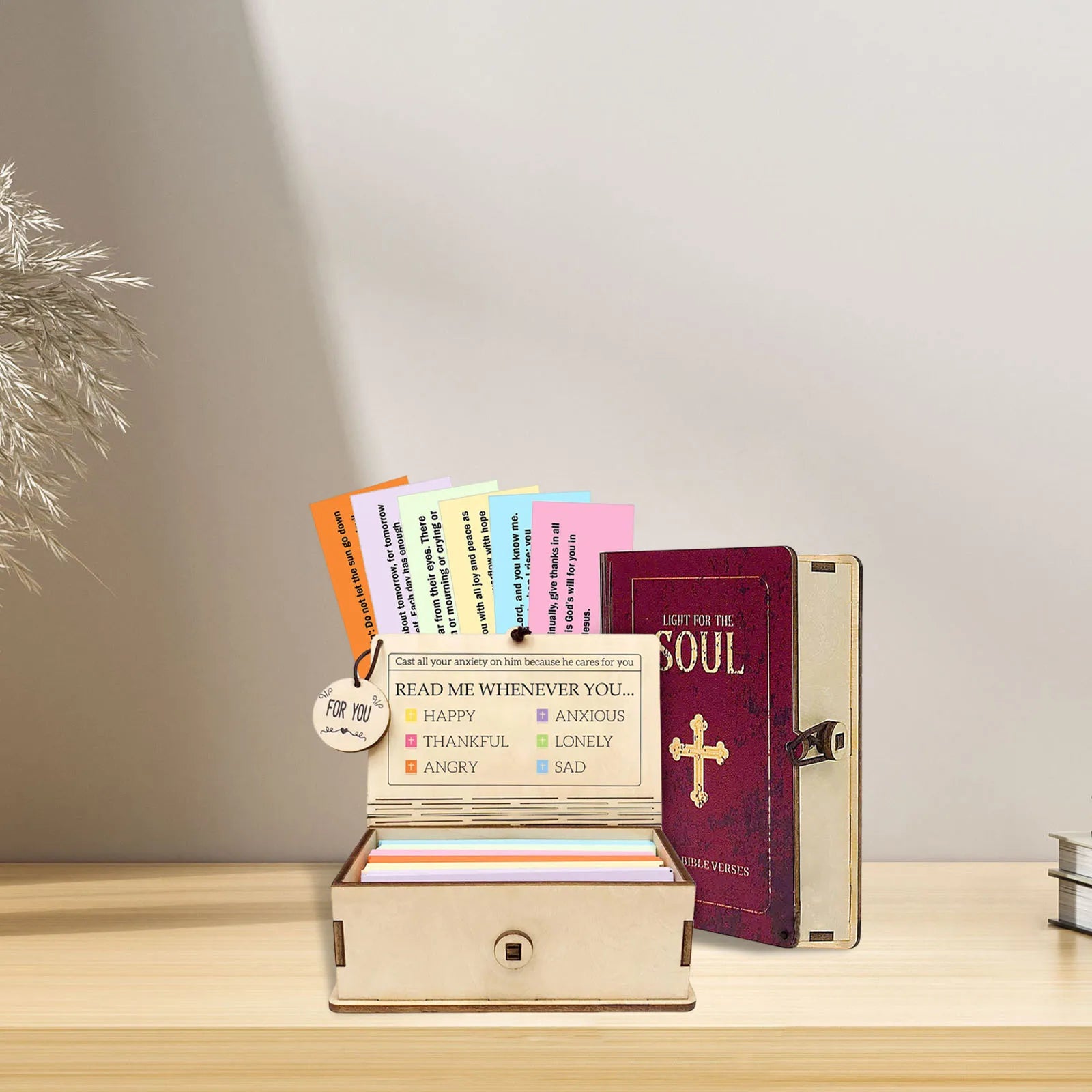 Wooden Scripture Box with 150 Inspirational Bible Verses | Portable Christian Gift Box for Prayer & Meditation