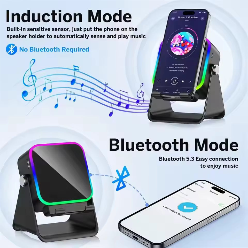 Magnetic Induction Speaker Phone Stand Wireless Bluetooth Phone Holder Amplifier Portable Desk Speaker with RGB Light Super Bass