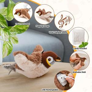 Flying Bird Cat Toy Interactive Cat Toys Rechargeable Chirping Flapping Bird(no Flying) Can Add Catnip Touch Activated Plush Toy