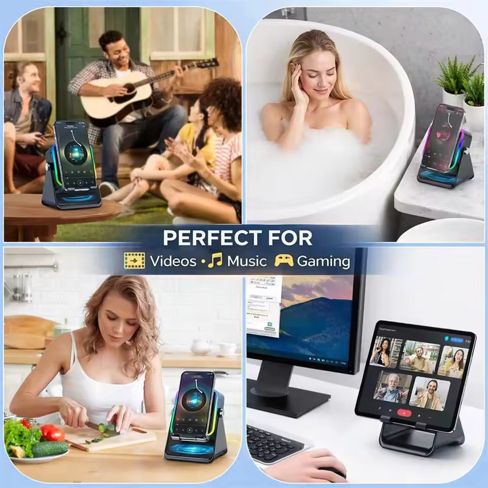 Magnetic Induction Speaker Phone Stand Wireless Bluetooth Phone Holder Amplifier Portable Desk Speaker with RGB Light Super Bass