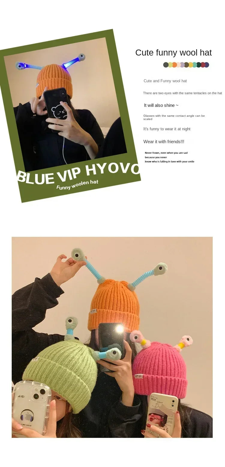 Parent-Child Glowing Knit Hat | Funny LED Beanie with Ears – Warm Winter Hats for Men & Women, Christmas Gift