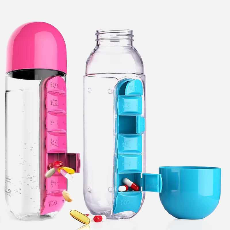 2-in-1 Water Bottle with Pill Organizer | 600ml Sports Bottle with 7-Day Medicine Box – Travel & Daily Use