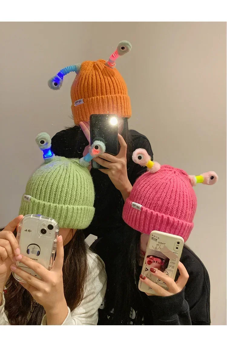Parent-Child Glowing Knit Hat | Funny LED Beanie with Ears – Warm Winter Hats for Men & Women, Christmas Gift