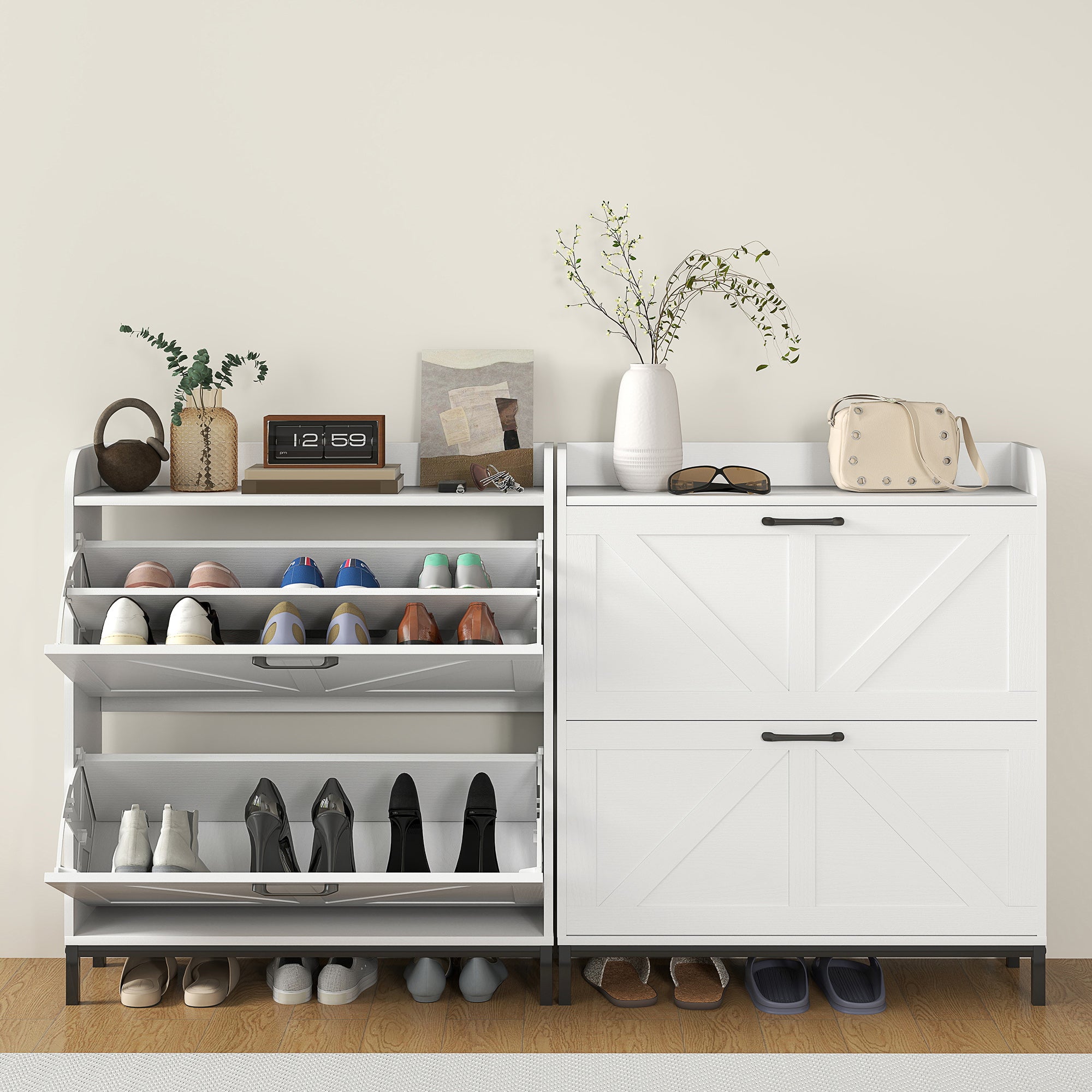 Shoe Cabinet Organizer with 2 Flip Drawers, Legs, Narrow Shoe Storage Cabinet for Entryway, Hallway, White