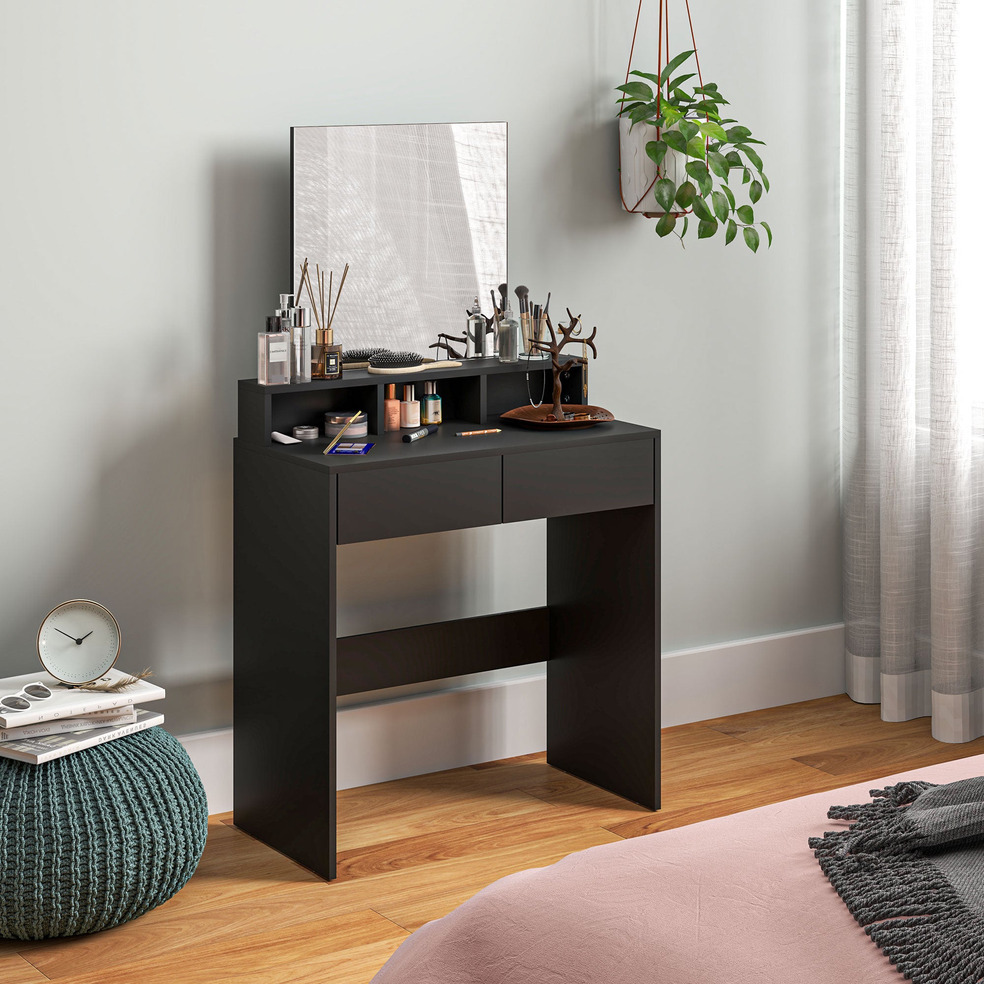 Multi-Storage Dressing Table, With Mirror - Black