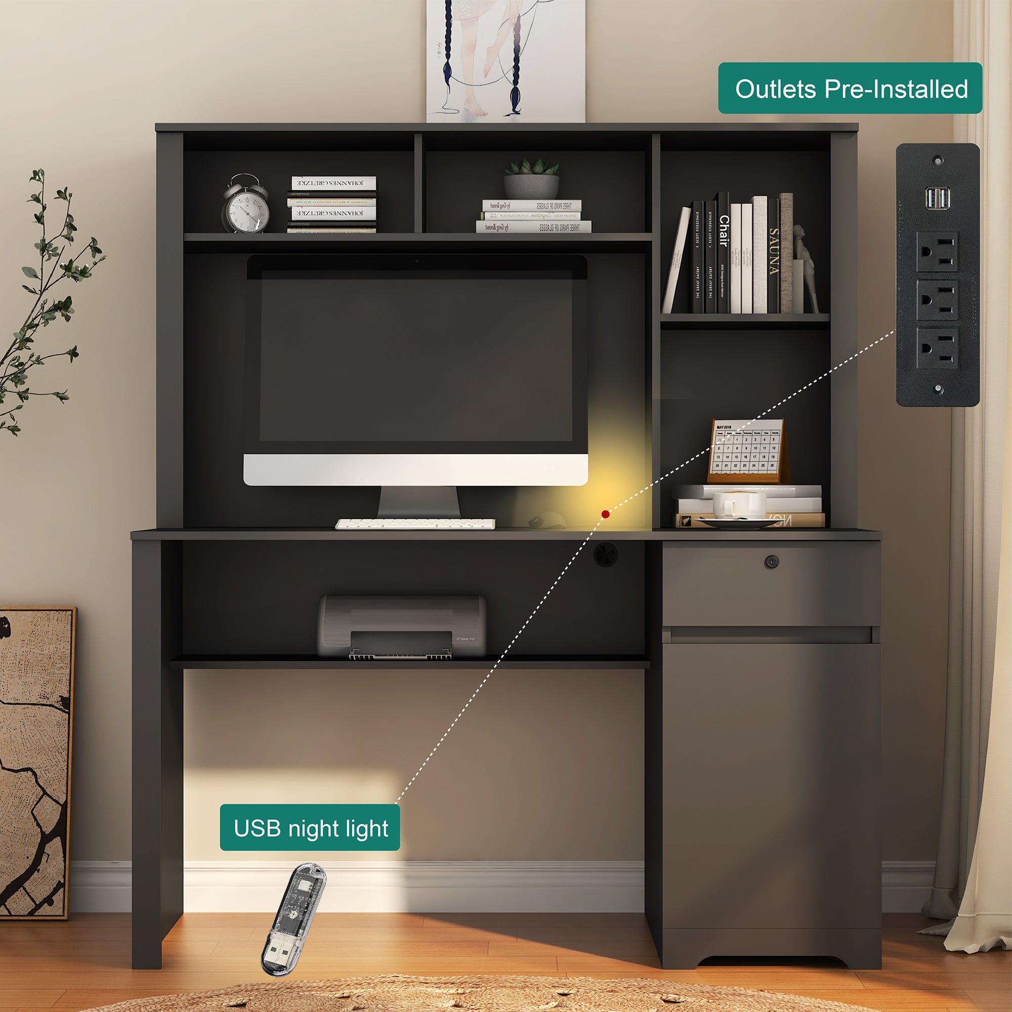 Computer Desk With Hutch & Bookshelf,Wood Executive Desk Teens Student Desk Writing Laptop Home Office Desk With Drawers,3 AC Outlets And 2 USB Charging Ports,Study Laptop Table For Home