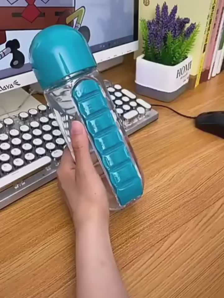 2-in-1 Water Bottle with Pill Organizer | 600ml Sports Bottle with 7-Day Medicine Box – Travel & Daily Use